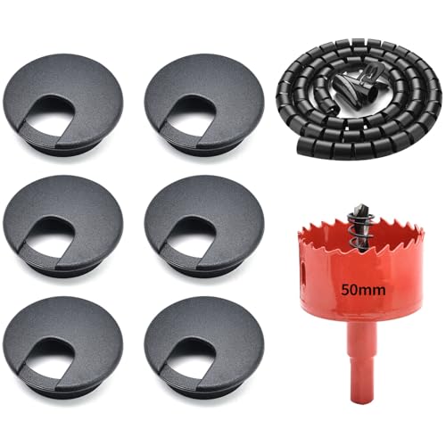 Surf turtle 6 Pack 2 Inch (50mm) Black Desk Grommets, Flexible Cable Cord Hole Cover with Bi-Metal Hole Saw Kit, 2m Cable Sleeve and Coiled Cord Wrap for Desk Table Wire Management - color: Black-U suit, size: 50mm