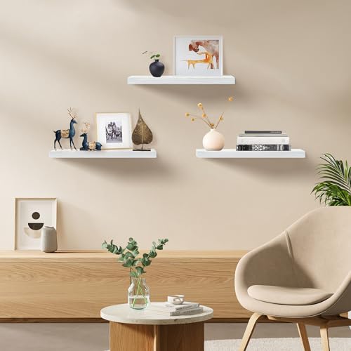 Upassion Floating Shelves for Wall Set of 3, 24" White Wall Shelves for Home Decor, Frame Display White Floating Shelf for Living Room, Bedroom, Bathroom, Kitchen - color: White, size: 24 Inch