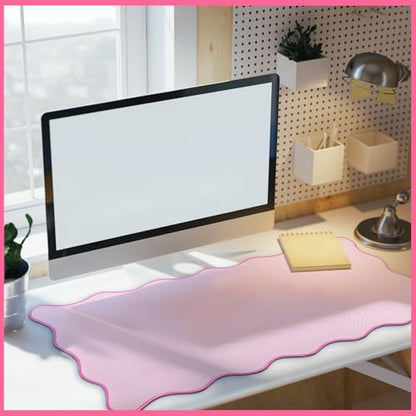 Hahafelt Scalloped Desk Mat Large Desk Pad Cute Coquette Table Mat Back to School Preppy Table Make up Pad Nonslip Graduation Gift with Stitching Waterproof Gaming(Pink,36 x 17 Inches) - color: Pink, size: 36 x 17 Inches