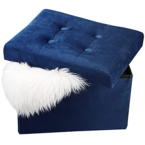LINMAGCO Small Velvet Ottoman with Storage Rectangle Foot Rest Under Desk Stool for Room Folding Ottoman Furniture with Button turfted-Navy 16X12X12IN - color: Navy(velvet), size: 12"D x 16"W x 12"H