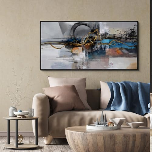 XLSJERST Large Abstract Frame Wall Art - Black and Blue Cnavas Framed Artwork for Walls Modern Minimalist Boho Gray Pictures Wall Decor for Living Room Bedroom Office Home Decoration 40x20 Inches - color: Gold and black grey, size: 20x40 inches