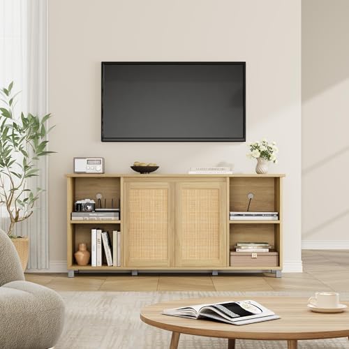 IDEALHOUSE Rattan TV Stand for 65" TVs, Natural Oak Media Console | Storage Cabinet & Adjustable Shelves, Boho Media Console, Natural Oak Finish, Rattan Doors, Living Room Bedroom - color: Natural