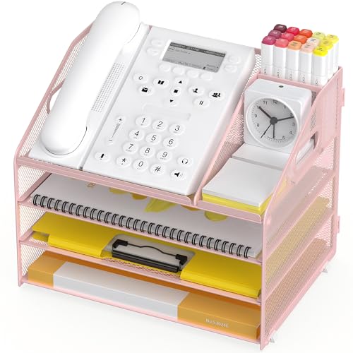 Letter Tray Paper, 4 Tier Desk Organizer with Pen Holder and Handle, Mesh File Organizer Paper Sorter Metal Desktop Document Shelf for Office Home Classroom - Pink - color: 4 Tier-pink
