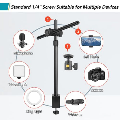 Camera Desk Mount Webcam Stand with Overhead Articulating Magic Boom Arm 1/4" Ball Head for DSLR Tripod, Adjustable Light Stand, Tabletop C Clamp for Ring Light Photo Video Shooting Live Streaming - size: 2DFPGYL