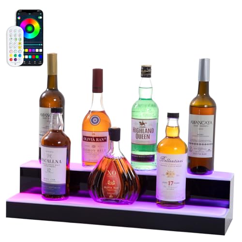 Led Lighted Liquor Bottle Display Shelf, 24 Inch 2 Tier Whiskey Rack, Support USB, Bar Stand with RF Remote & App Control, Illuminated Acrylic Lighting Shelves for Home Bar, Party - size: 24" 2 step