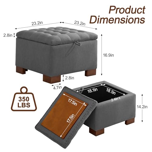WUTUTUEE 24" Fabric Square Storage Ottoman with Wooden Tray, Modern Tufted Button Footstool Coffee Table, Upholstered Small Ottoman for Living Room, Bedroom, Dark Gray - color: Dark Gray, size: 24 Inch