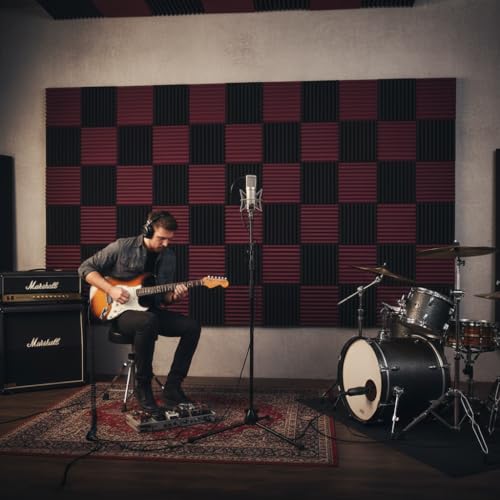 52 Pack Black/burgundy12 "X 12 "X1" Acoustic Panels Studio Soundproofing Foam Wedge Tiles(Accompanied By Double-Sided Adhesive Tape) - color: Black/burgundy