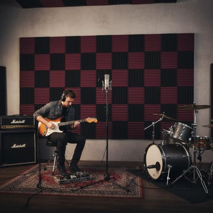 52 Pack Black/burgundy12 "X 12 "X1" Acoustic Panels Studio Soundproofing Foam Wedge Tiles(Accompanied By Double-Sided Adhesive Tape) - color: Black/burgundy
