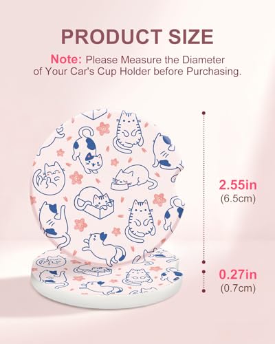 Swooflia Car Coasters for Women - Pink-Blue Cat Ceramic Car Cupholder Coaster Absorbent Mat Coaster with Cork Base 2 Pack 2.55 inch Automotive Cup Holder Accessories New Driver Gifts for Decor - color: Pink Blue Cat