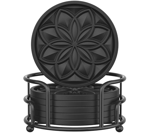 Drink Coasters Set of 6 Packs with Holder, HFHOME Round Black BPA Free Silicone with Non-Slip Bottom Fits Any Size Cup Mug or Glasses (Black) - color: Black