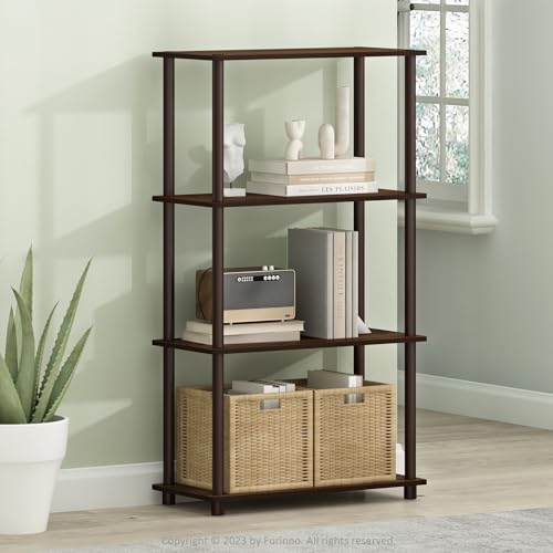 Furinno TURN-N-TUBE Storage Shelves, 4-Tier Toolless Book Shelf, Corner Shelf, Toolless Open Shelves, for Organization and Storage, Living Room, Garage, Home Office, Walnut - color: Walnut/Brown, size: 4-Tier Round Tube