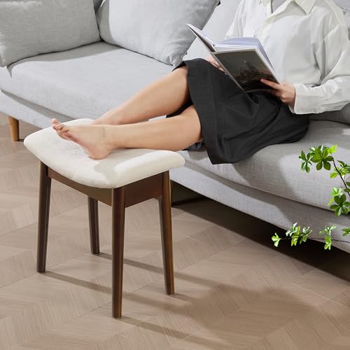 Royal Windsor Vanity Stool with Saddle Cushion, 18 Inch Makeup Vanity Chair for Living Room, Modern Foot Stool Ottoman Piano Bench,Small Upholstered Bench for Bedroom, White - color: 10.2"d White+walnut
