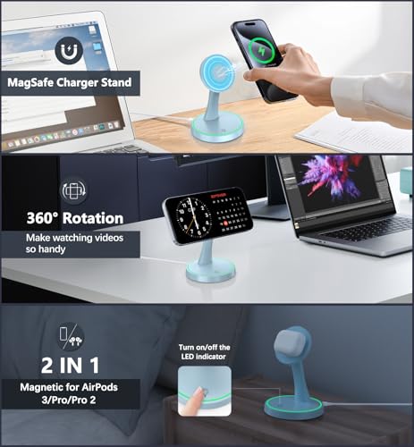Magnetic Wireless Charger Stand 15W Fast Magnetic Charger for iPhone 17 /17 pro/ 17 Air/ 17 pro max 16/15/14/13/12 Series Magnet Wireless Charging Station/Pad with Sleep-Friendly Light for AirPods - color: Magnetic Blue