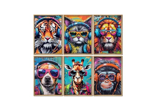 6pcs Colorful Graffiti Animals Canvas Wall Art Gamer Earphone Animal Poster Lion Tiger Cat Dog Orangutan Giraffe Funky Paintings Pictures Pop Art Wall Decor for Teen Boys Children Game Room Unframed12x16in - size: 12x16Inx6pcs