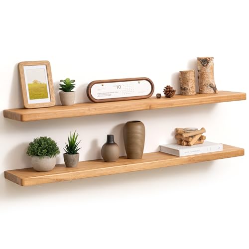 Fun Memories Rustic Elm Wood Floating Shelves, Wooden Wall Shelves 40 Inch Long Set of 2, Heavy-Duty Bathroom Shelf for Wall, Solid Wood Storage Shelf for Kitchen, Bedoom, Office - color: Usa-sourced Elm Wood, size: 40"W x 6.7"D