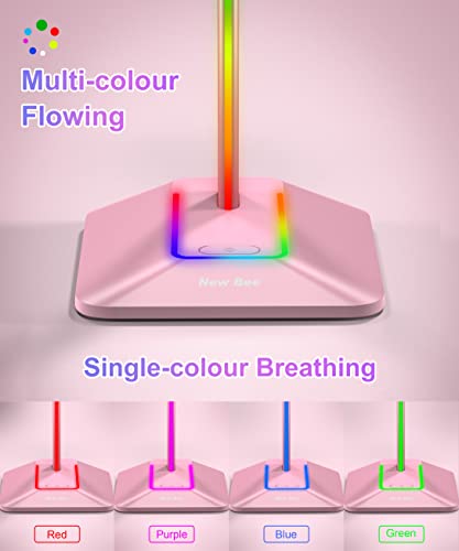 New Bee RGB Headphone Stand with 1 USB-C Charging Port and 1 USB Charging Port, Desk Headset Stand with 7 Light Modes and Non-Slip Rubber Base Suitable for All Earphone Accessories (Pink) - color: Pink