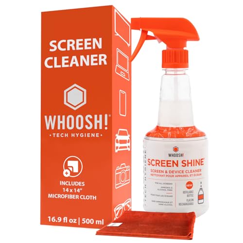 WHOOSH! Screen Shine Pro 16.9 fl oz Refillable Screen Cleaner for TV, OLED, and Monitors – Streak-Free Spray with Microfiber Cloth – Safe for Flat Screen, LCD, Smart Displays – Non-Toxic and Odorless