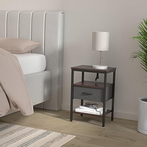 SUPERJARE Nightstand Set of 2, Bed Side Tables with Charging Station, Adjustable Fabric Drawer, Night Stand for Bedroom, 3-Tier Storage End Tables, Walnut - color: Walnut, size: M-2 (11.8"D x 15.7"W x 23.4"H)