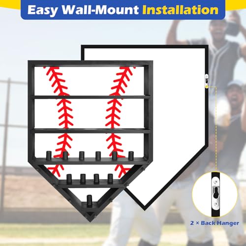 Baseball Ring Display Case - Solid Wood Wall Mounted Baseball Holder for Balls, Championship Rings, Medals & Trophies - Perfect Baseball Fan Gift (Black)