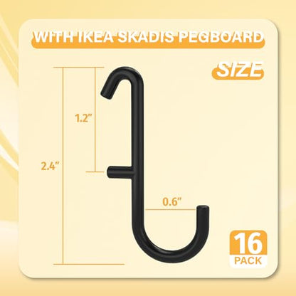 Black Pegboard S Hooks for IKEA SKADIS, 16 Pack | Compatible with IKEA SKADIS Pegboard, Rust Resistant Steel Hooks, 18 lb Load Capacity for Kitchen, Office, Craft - style: Black S Hook