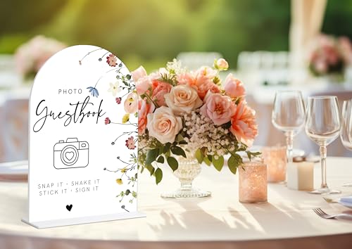 Photo Guest Book Sign, Wedding Guest Book Alternative, Flower Style Bridal Shower Signs for Engagement, Bridal Shower and Reception, Wedding Shower Favors, 6X8 Inch Acrylic Arch Sign with Stand,38 - color: Photo Guest,38
