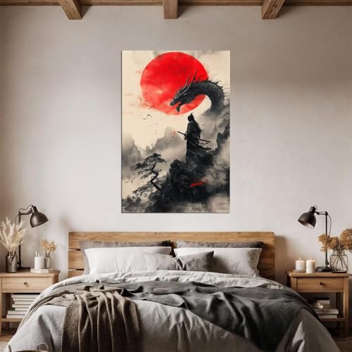 HQLLingArt Japanese Samurai Wall Art Picture Red Sun and Dragon with Samurai Poster Canvas Prints Modern Artwork Framed Ready to Hang(12''W x 16''H) - color: samurai art-18, size: 12"L x 16"W