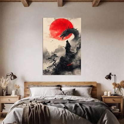 HQLLingArt Japanese Samurai Wall Art Picture Red Sun and Dragon with Samurai Poster Canvas Prints Modern Artwork Framed Ready to Hang(12''W x 16''H) - color: samurai art-18, size: 12"L x 16"W