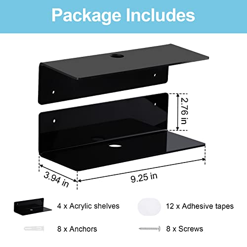 9 Inch Acrylic Floating Shelf No Drill Adhesive Wall Shelf Set of 4 for Funko Pop Storage, Floating Shelves Damage-Free Expand Wall Space for Living Room, Bathroom, Gaming Room, Office - Black - color: Black