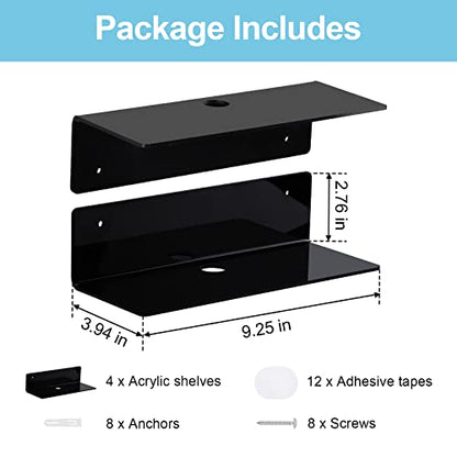 9 Inch Acrylic Floating Shelf No Drill Adhesive Wall Shelf Set of 4 for Funko Pop Storage, Floating Shelves Damage-Free Expand Wall Space for Living Room, Bathroom, Gaming Room, Office - Black - color: Black
