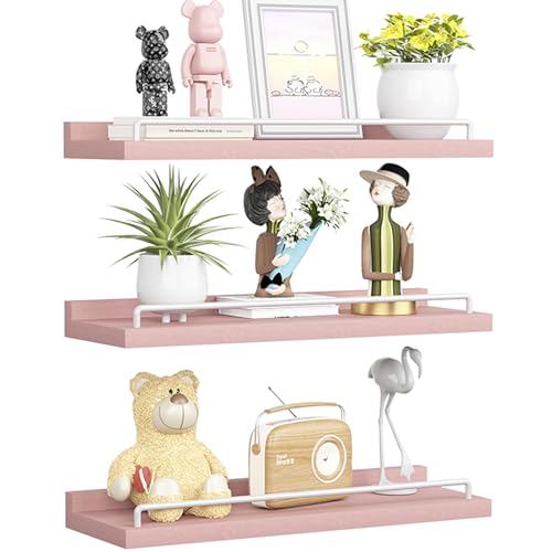 RYOFOBETTO Pink and White Floating Shelves, Kawaii Room Decor Wall Shelves - Set of 3 for Living Room, Bedroom, Kitchen, Picture Frames, Plants - color: Pink and White, size: 16"