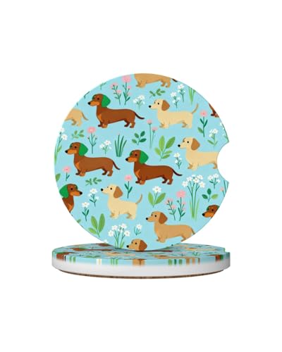 Car Cup Holder Coasters, 2 Pcs Ceramic Coasters with Finger Slot and Cork Back, Anti-Slip Shock Absorbing Women and Men Universal Car Accessories - Lovely Wiener Dog - color: Lovely Wiener Dog