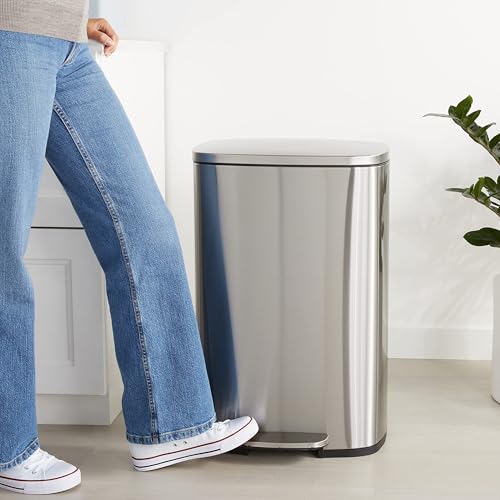 Amazon Basics LARGE Trash Can, 13.2 Gallon (50L), Smudge Resistant Rectangular Bin with Soft-Close Lid, Step Foot Pedal, Removable Inner Bucket, Brushed Stainless Steel, Satin Nickel Finish - size: Big, 50L/13.2 Gal