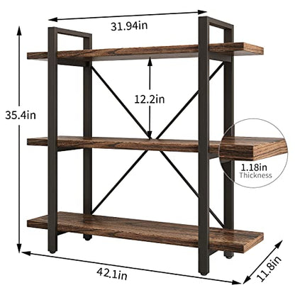 3 Tier Bookshelf Modern Rustic Open Bookshelf Office Solid Wood Bookcase and Book Shelves Wood and Metal Shelving Unit,Distressed Brown (AY-02-3Tier) - size: 3Tier