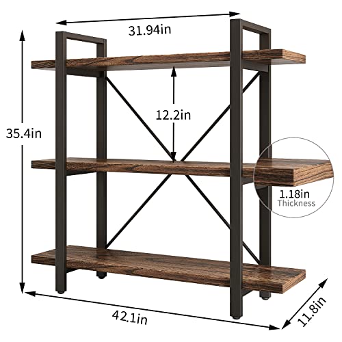 3 Tier Bookshelf Modern Rustic Open Bookshelf Office Solid Wood Bookcase and Book Shelves Wood and Metal Shelving Unit,Distressed Brown (AY-02-3Tier) - size: 3Tier