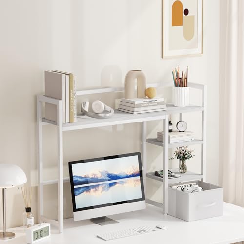 Marbrasse Desk Shelf with Drawer, 40" Desk Hutch for Computer Monitor, Desk Shelf for top of Desk, Wooden Desktop Bookshelf Storage Rack for Home Office Dorm - White - color: White