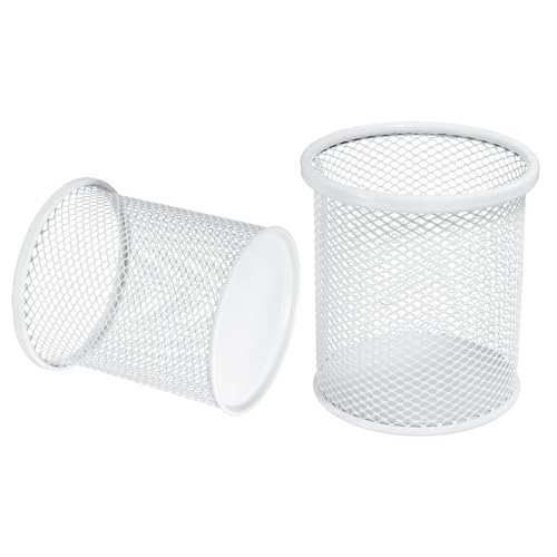 uxcell 2Pcs Mesh Pencil Holder, Metal Pen Cup Desk Organizer Makeup Brush Cup Holder for Home, Office, Classroom(White) - color: White