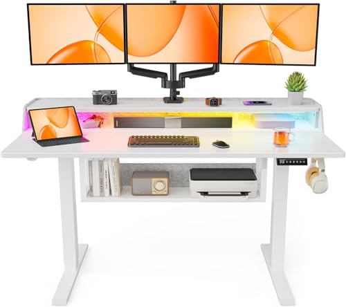 ErGear Electric Standing Desk, 55x28 Inch Adjustable Sit Stand Desk with Bookshelf & Monitor Stand, Standing Gaming Desk with LED Light Strip, Stand Up Desk for Home Office, White - color: White, size: 55*28 Inch with shelf