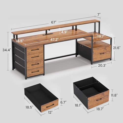 SEDETA Home Office Desk with File Drawer & Power Outlet, 66'' Computer Desk with 5 Drawer, Storage Shelves, Printer Cabinet and Monitor Shelf, Gaming Desk with Led Lights, Rustic Brown - color: Rustic Brown With Led Lights, size: 67X18.5inch