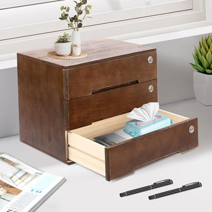 Wooden Desk Organizer with Drawers & Lock, Desktop Countertop Storage Cabinet Lockable Home Office Supplies File Tabletop Organizing Unit (3 Drawer - Retro Walnut) - style: 3 Drawer - Retro Walnut