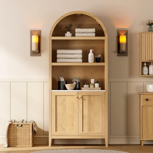 EYYTHUNG 71" Tall Arched Cabinet, 5-Tier Arched Bookcase Storage Display Cabinet with Faux Marble Tabletop, Modern Farmhouse Bookshelf Kitchen Pantry Cabinet for Living Room Home Office, Natural Oak - color: Natural Oak