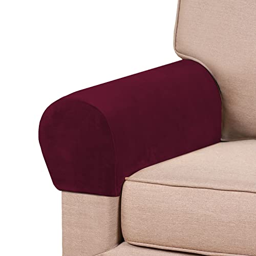 PrinceDeco 4 Pack Thick Velvet Stretch Armrest Covers for Chairs and Sofas Armchair Covers for Arms Couch Arm Covers Armrest Covers for Sofa Non Slip, Burgundy - color: Burgundy