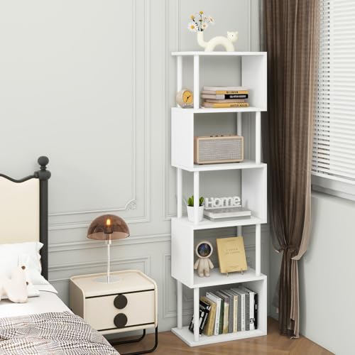 IBUYKE 6-Tier Tall Bookshelf,S-Shaped Geometric Bookcase, Wood Display Shelves with Storage,Modern Bookshelf for Living Room Bedroom, Home Office, White WBC016W - color: White, size: 6 Tier
