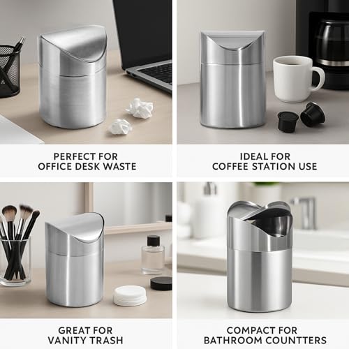 Small Mini Trash Can with Lid, Brushed Stainless Steel Small Tiny Mini Trash Bin Can, Mini Countertop Trash Cans for Desk Office, Swing Top Trash Bin 1.5 L/0.40 Gal (Sliver) - color: Silver