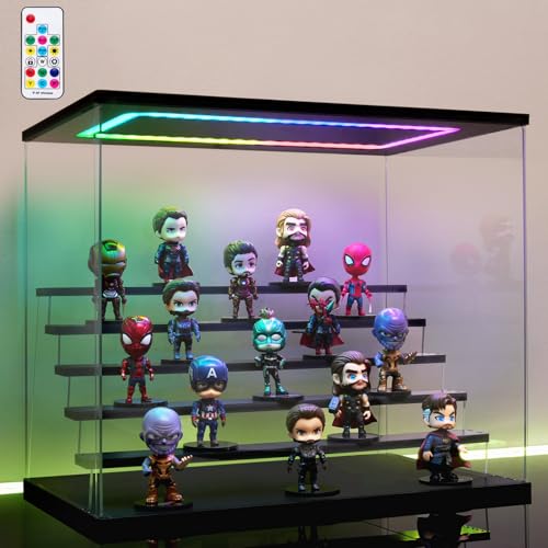 Clear Acrylic Display Case with Light , 6 Tier Multiple Color Lights Display Box Stand Assembly Dustproof Protection Showcase for Collectibles Action Figures (Black 6 Tier L 19.7*12.6*16.5in) - color: Black-colorful light, size: 6 Tier L 19.7*12.6*16.5in；