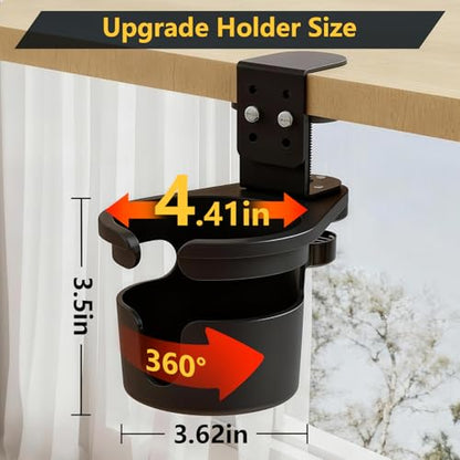Desk Cup Holder Clip On 360° Rotating Clamp,Deeper Anti-Spill Drink Holders for Water Bottles & Coffee Mugs,Adjustable Clamp Fits Screw On Table for Drinks,Office,Gaming Desk,Home,Black - size: 3.62"L x 3.62"W x 3.5"H