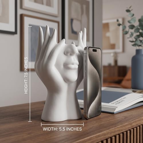 Face-Holding Creative Pen Holder Art Decor Ornament, suitable for desk/vanity tabletop brush storage, home/office/bookshelf room decoration, with artificial flower base and gift-giving.