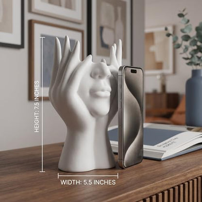 Face-Holding Creative Pen Holder Art Decor Ornament, suitable for desk/vanity tabletop brush storage, home/office/bookshelf room decoration, with artificial flower base and gift-giving.