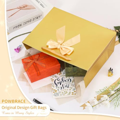 Powbrace Gold Bags with Handles, 13" Medium Gift Bag Set - 2 Gift Bag with Bow, 4 Tissues & Greeting Card for Wedding Baby Shower Fathers Day Mothers Day Birthday Party - color: 2Pcs Gold Glossy Gift Bag, size: 1 count (Pack of 1)