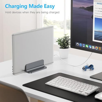 OMOTON Vertical Laptop Stand Holder, Desktop Aluminum Stand for MacBook with Adjustable Dock Size, Fits All MacBook, Surface, Chromebook and Gaming Laptops (Up to 17.3 inches), Gray - color: Grey