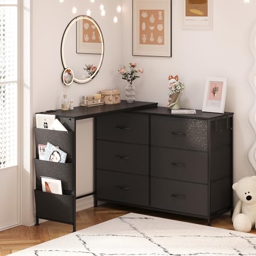 Simoretus Modern Corner Vanity Desk with 6 Fabric Drawers Power Outlet Side Pocket L Shaped Drawers Makeup Desk Dressing Table for Girls Women Bedroom (Black) - color: Black